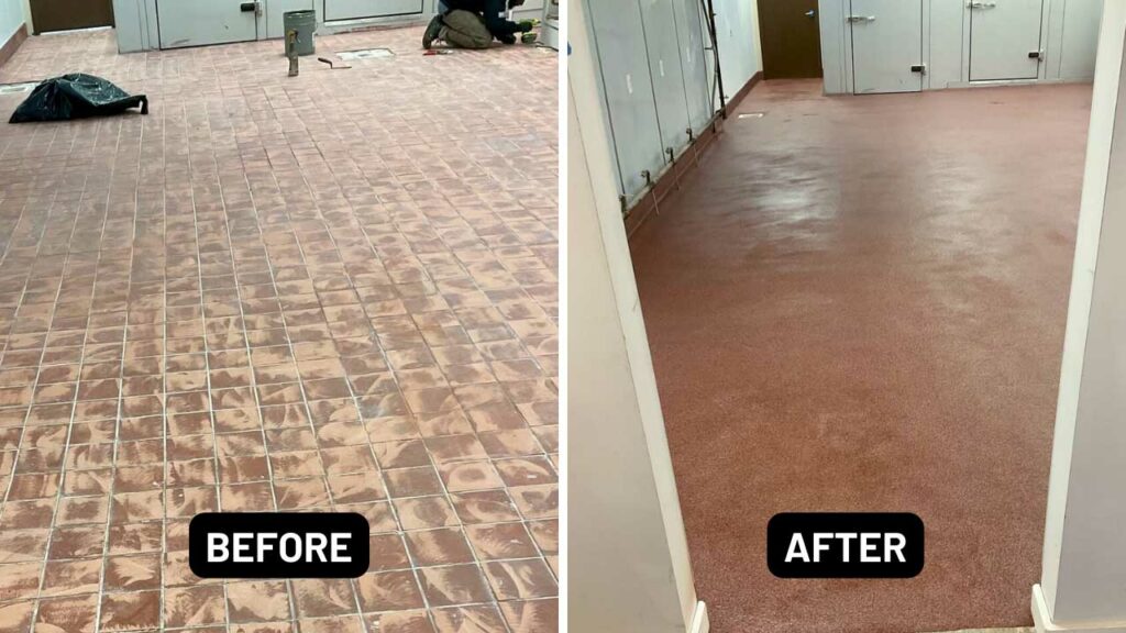 Before and after pictures of a damaged tile floor that was sanded down (before) and then overlaid with JetRock epoxy flooring (after)