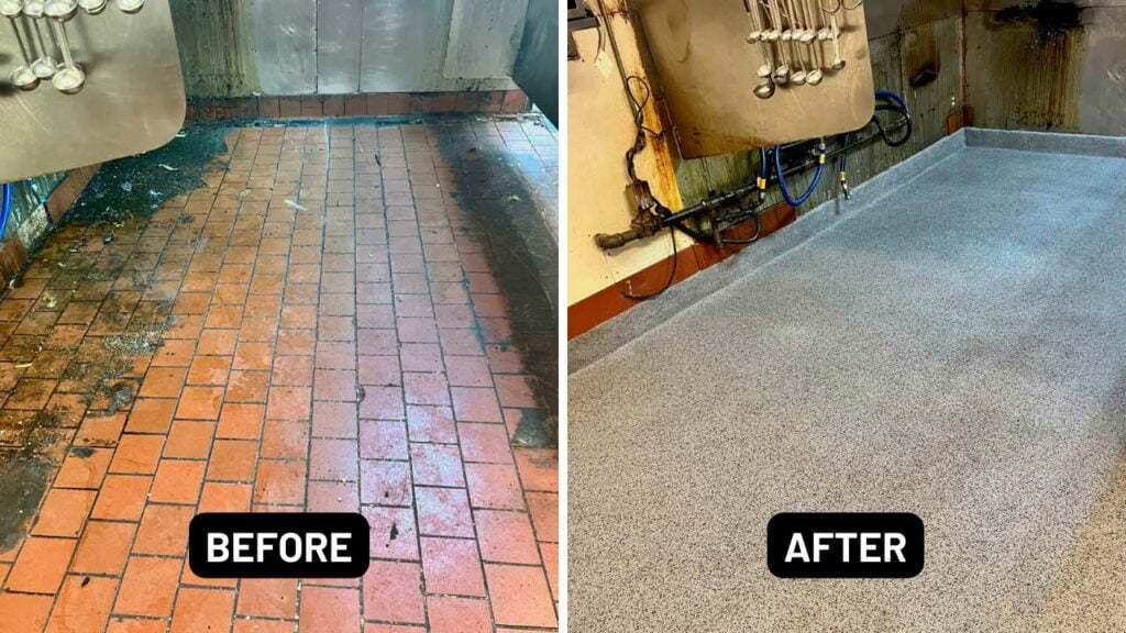 Before and after pictures of tile floor (before) and nonporous epoxy (after) in a commercial space